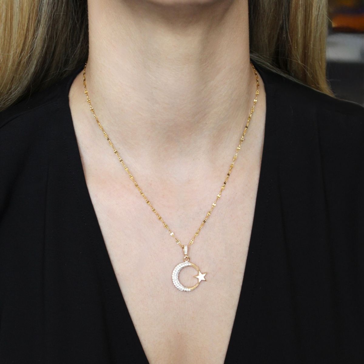 Ay Yıldız Taşlı Gold Renk Çelik Kadın Kolye