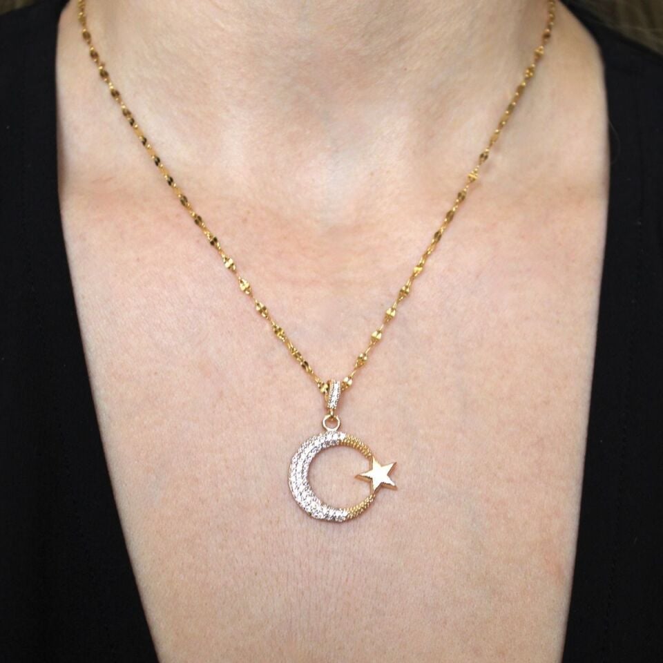 Ay Yıldız Taşlı Gold Renk Çelik Kadın Kolye