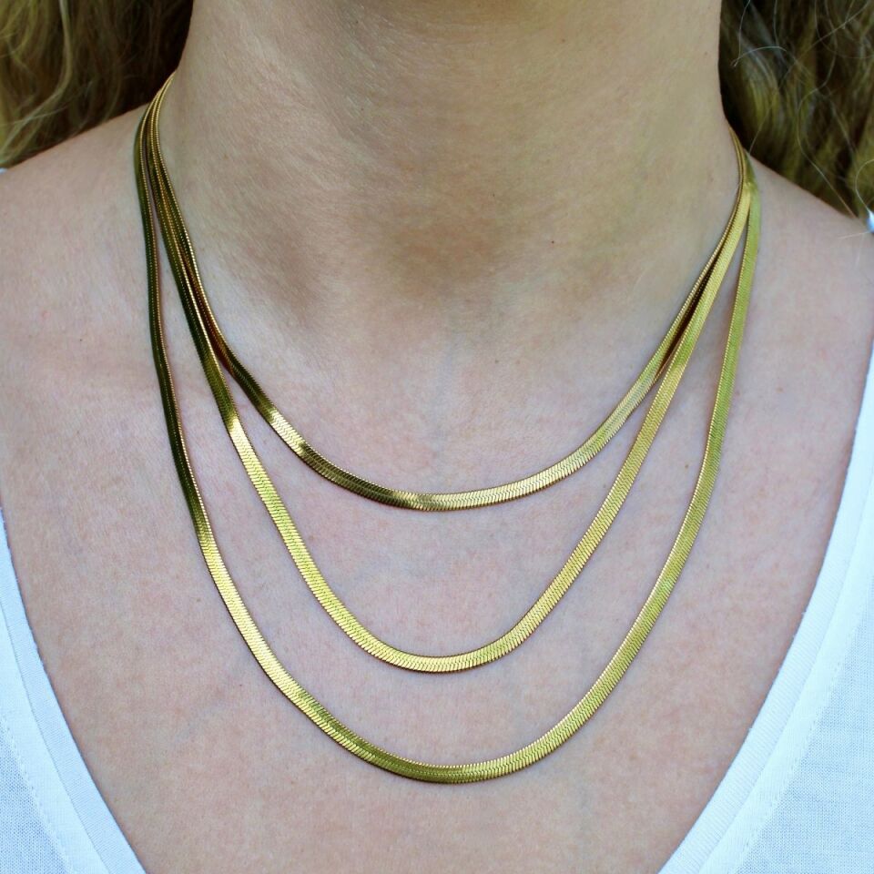 Üçlü Düz Gold Renk Uzun Parlak Çelik Kadın Kolye