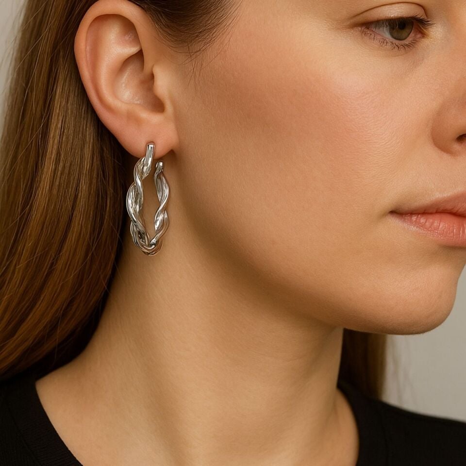 Örgü Gümüş Renk Çelik Kadın Küpe